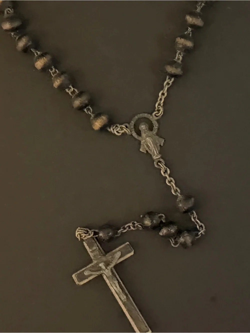 Vintage Dolce & Gabbana Wood Bead Rosary Necklace Crucifix DG Logo Plate Y2K